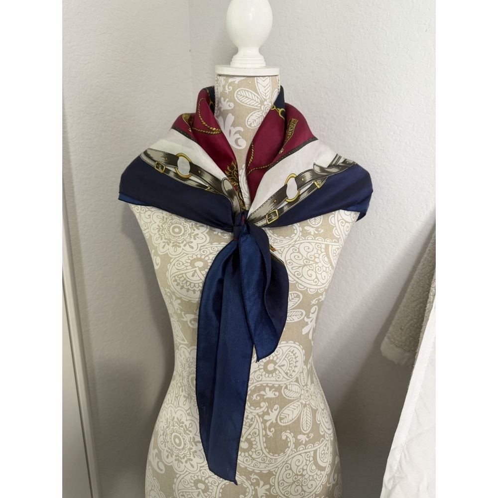 Vintage Berkshire Silk Scarf Equestrian Crest Chain Print Red Blue Square